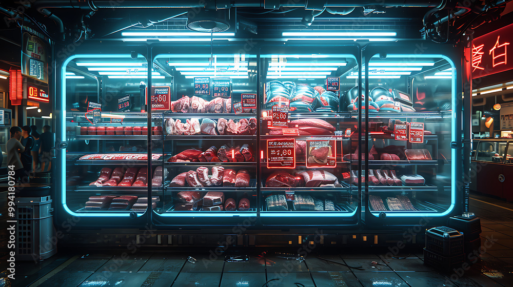 Obraz premium Meat aisle with various cuts displayed in a refrigerated grocery section. close-up of a meat fridge in a grocery store filled with various cuts of fresh meat various cuts of beef, pork and other meats