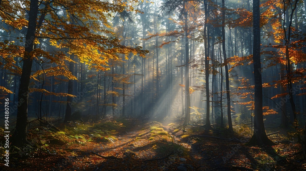 Fototapeta premium Autumn foggy forest with light rays