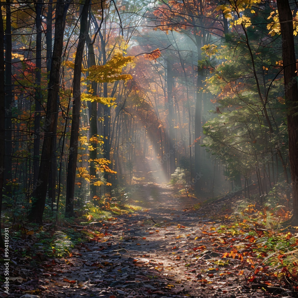 Fototapeta premium Autumn foggy forest with light rays