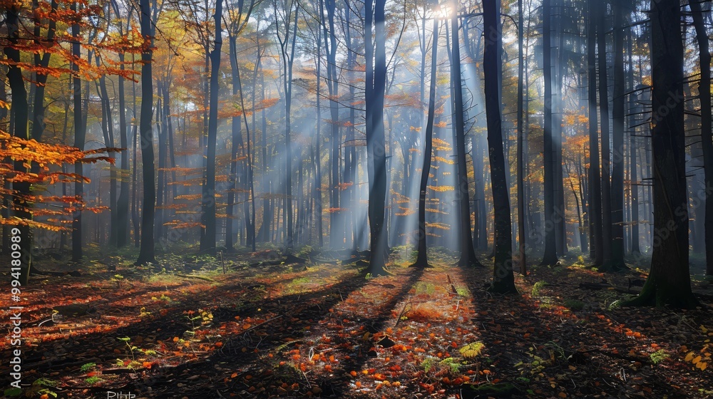 Fototapeta premium Autumn foggy forest with light rays