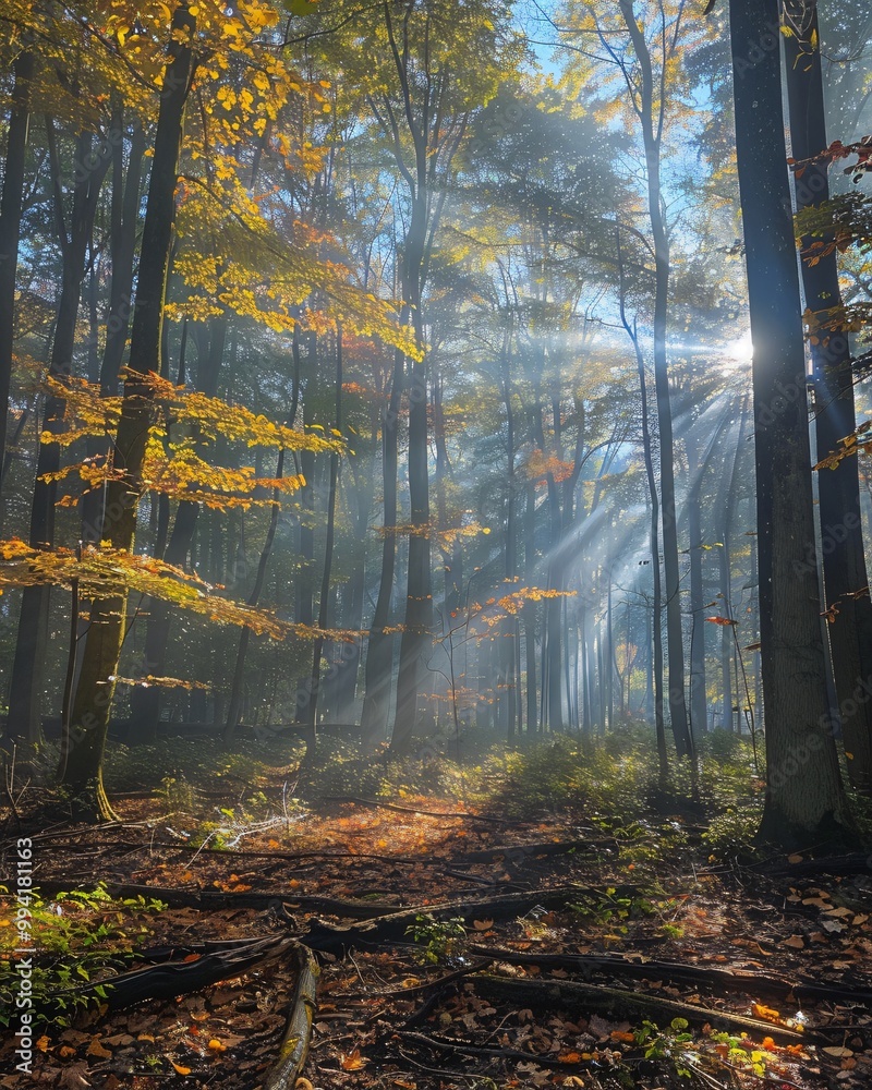 Fototapeta premium Autumn foggy forest with light rays
