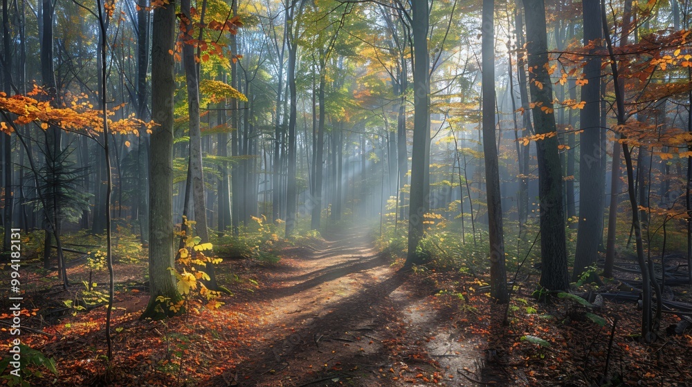 Fototapeta premium Autumn misty forest with light rays