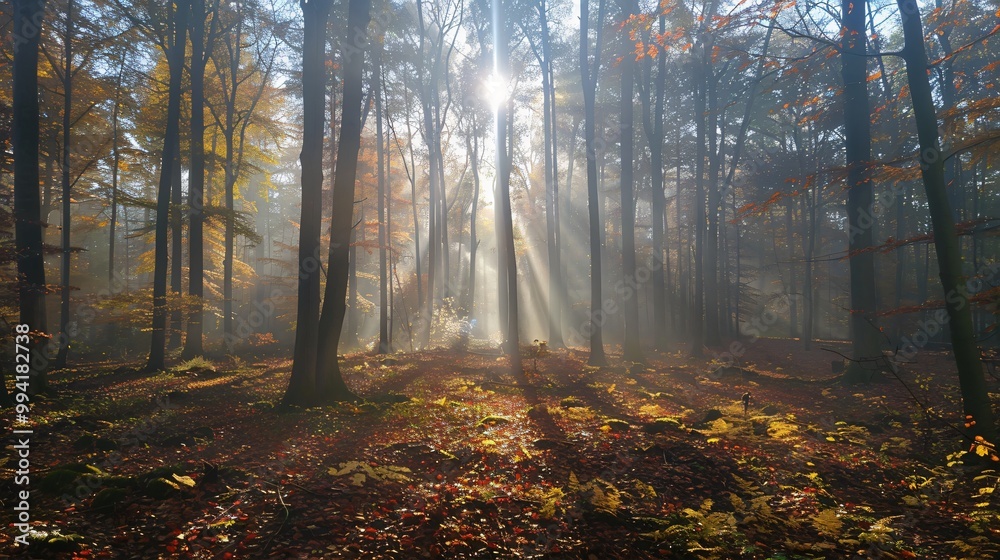 Obraz premium Autumn foggy forest with light rays