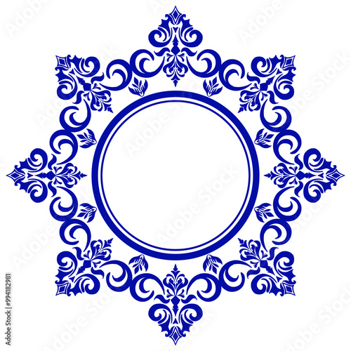 Round frame with blue floral leaves Round ornament damask.round damask frame design print or background