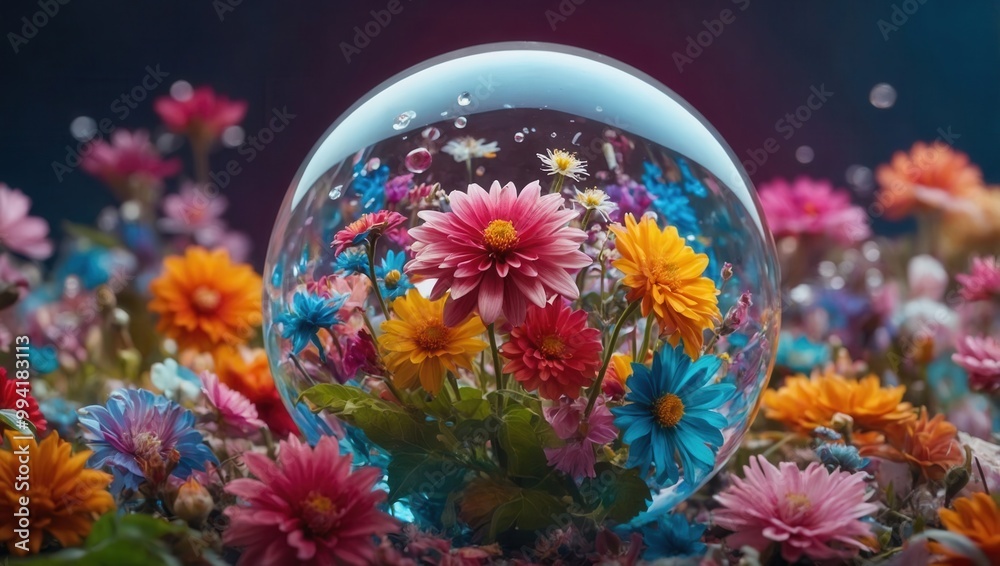 Transparent bubble with colorful flowers inside and around Transparent bubble with colorful flowers inside and around