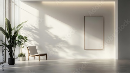 Abstract composition featuring soft shades and subtle light lines creating a play of lights and shadows on a white wall in a minimalist space