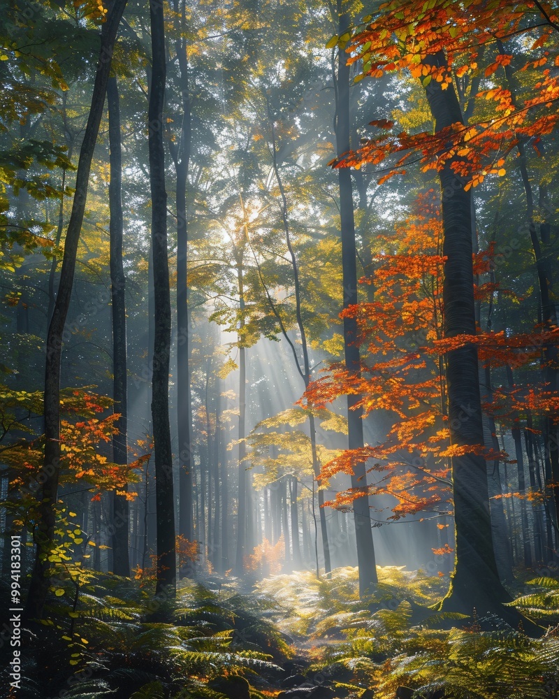 Fototapeta premium Fall foggy forest with light rays