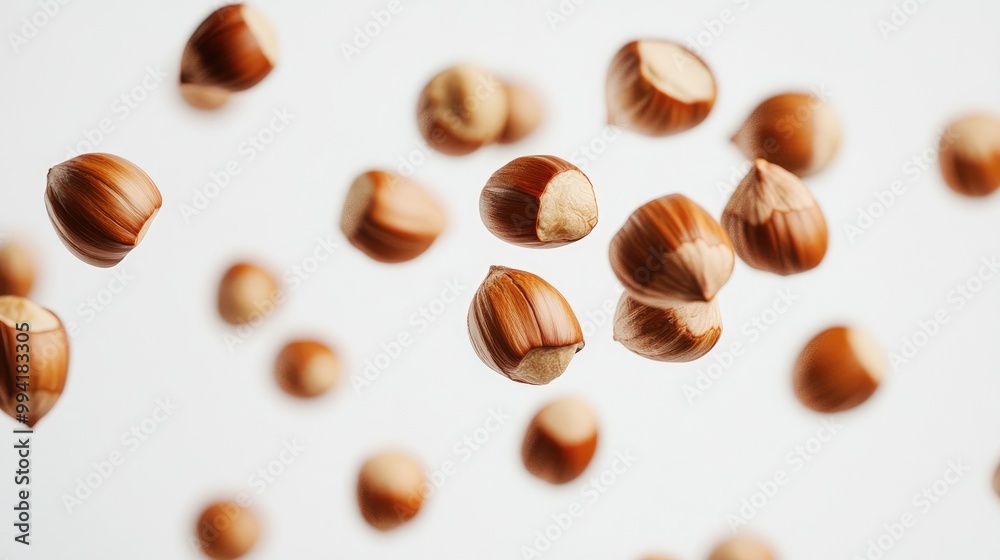 Flying hazelnuts against a clean white backdrop Flying hazelnuts against a clean white backdrop