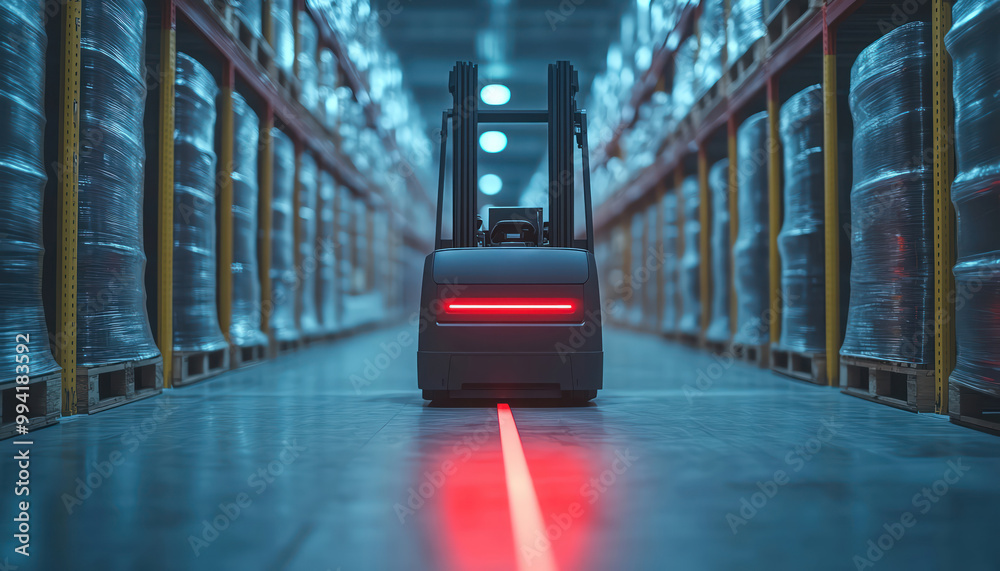 Fototapeta premium Autonomous forklift in a modern warehouse, guided by a red line, futuristic industrial efficiency