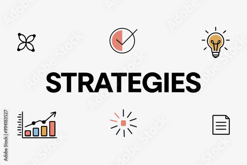 STRATEGY TEXT BANNER BACKGROUND, STRATEGIES TYPOGRAPHY TEMPLATE COVER DESIGN ILLUSTRATION FOR MAKRETING, BROCHURE, FLYER, CARD