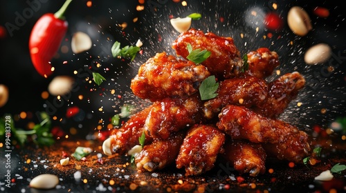 Freshly prepared chicken boneless wings coated in buffalo BBQ or spicy sauce surrounded by flying ingredients and spices ready for serving Food advertisement banner with copy space included