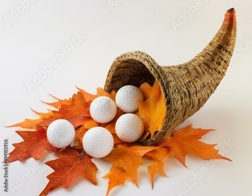 Thanksgiving golf decoration, cornucopia filled with golf balls and autumn leaves photo