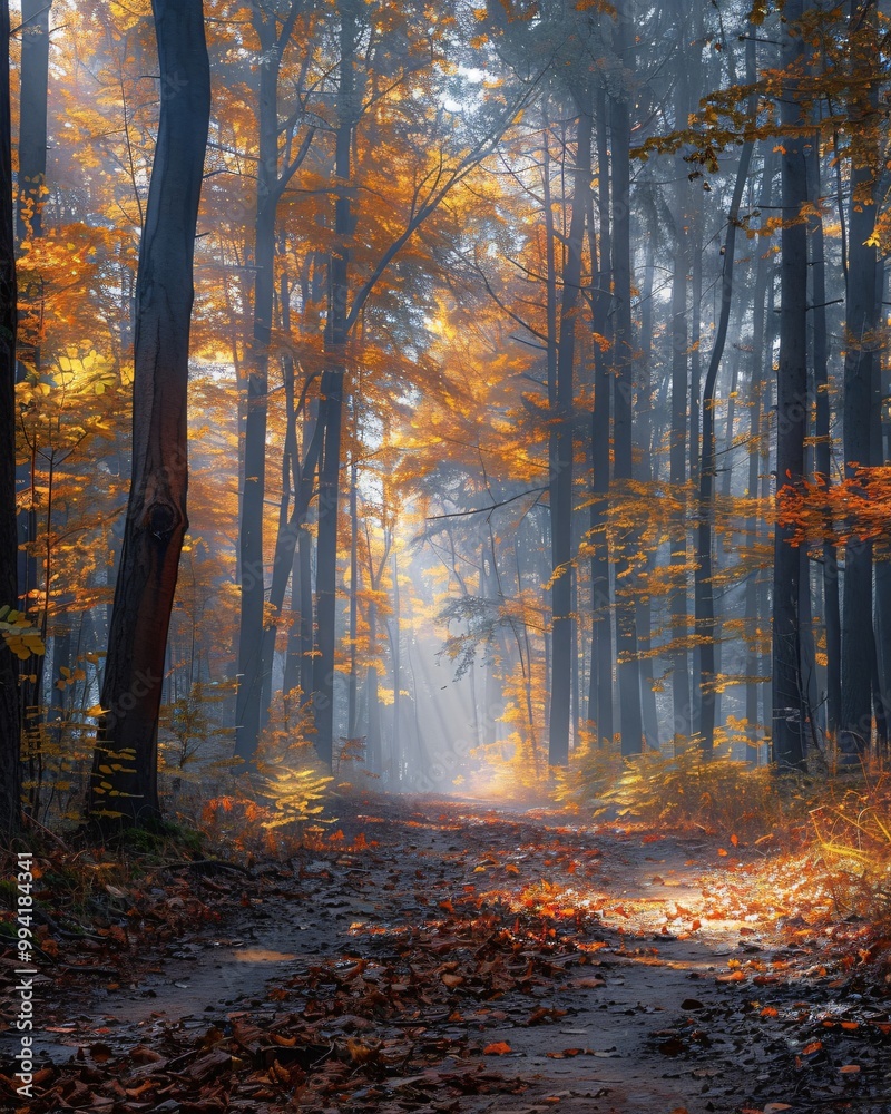 Autumn misty forest with light rays Autumn misty forest with light rays
