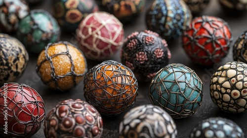 Decorative ceramic beads intricately embroidered with iron wire