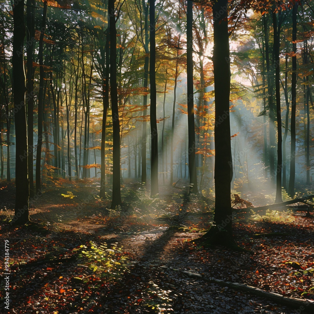 Autumn misty forest with light rays Autumn misty forest with light rays