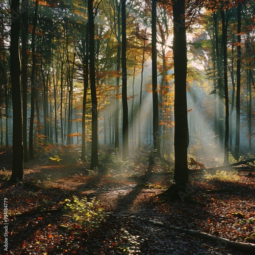 Autumn misty forest with light rays