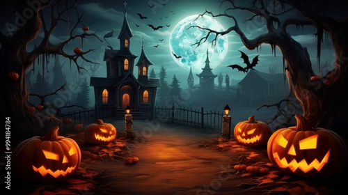 halloween scene horror background with creepy pumpkins of spooky halloween haunted mansion Evil houseat night with full moon photo