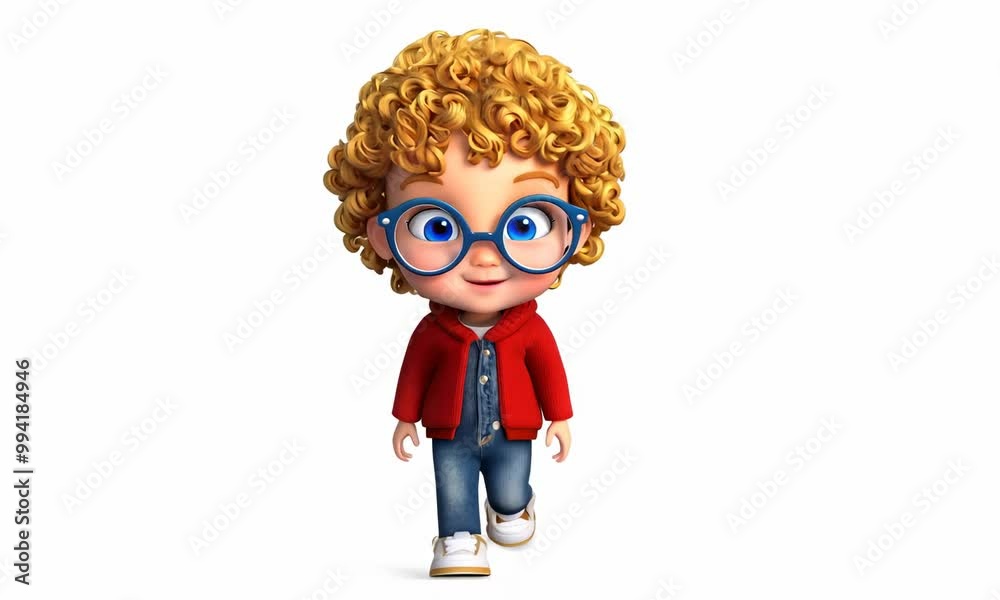 3d render of a 10-year-old child with curly blonde hair and round-frame glasses, bright blue eyes, dressed in a red cardigan, blue jeans, and white sneakers, on a plain white background 3d render of a 10-year-old child with curly blonde hair and round-frame glasses, bright blue eyes, dressed in a red cardigan, blue jeans, and white sneakers, on a plain white background