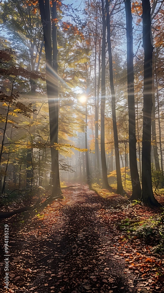 Fototapeta premium Fall foggy forest with light rays