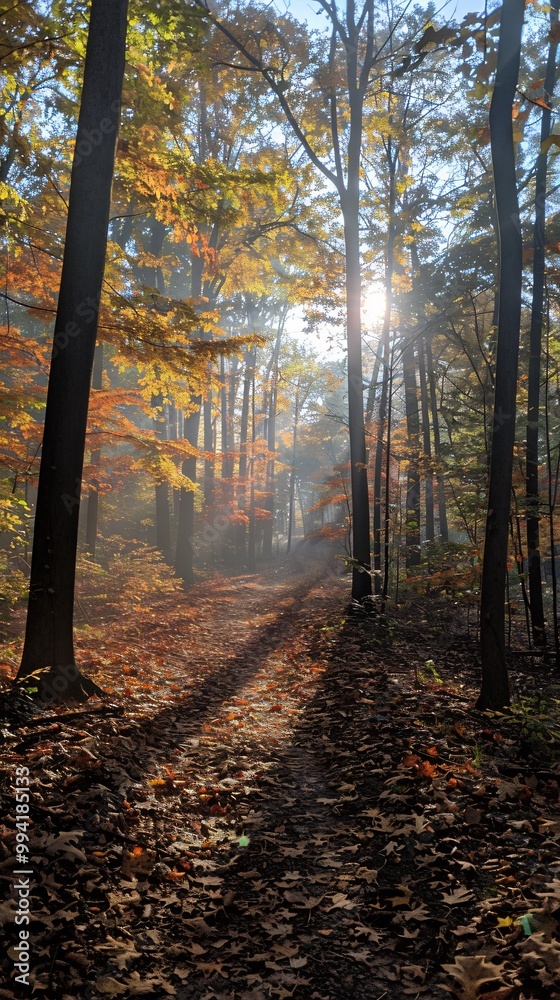 Obraz premium Fall foggy forest with light rays