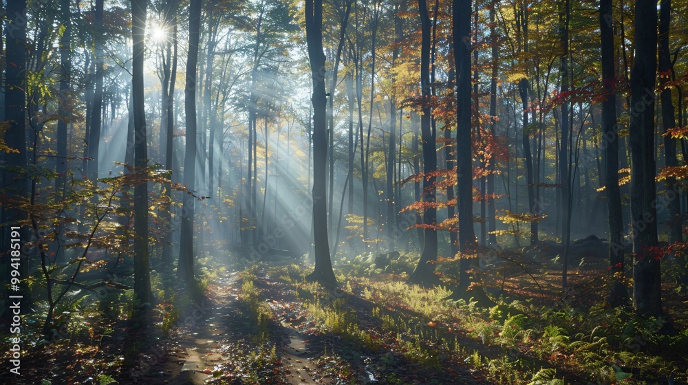 Obraz premium Autumn misty forest with light rays