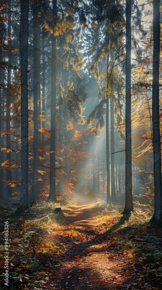 Obraz premium Autumn misty forest with light rays