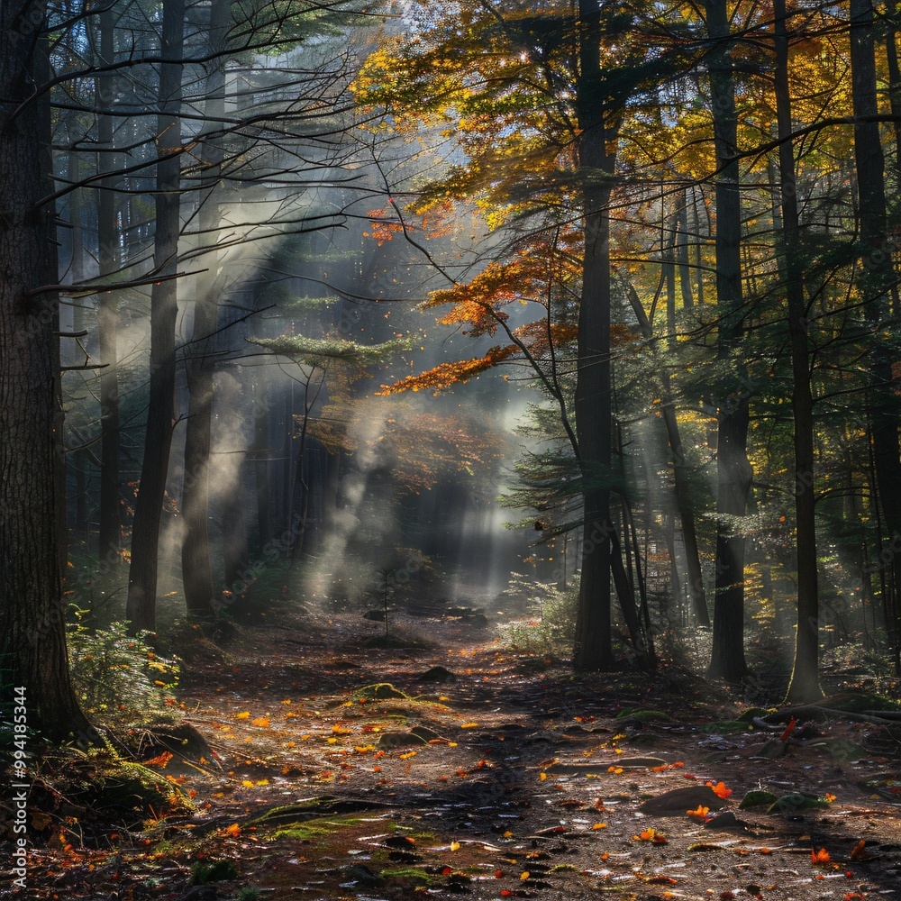 Fototapeta premium Autumn misty forest with light rays