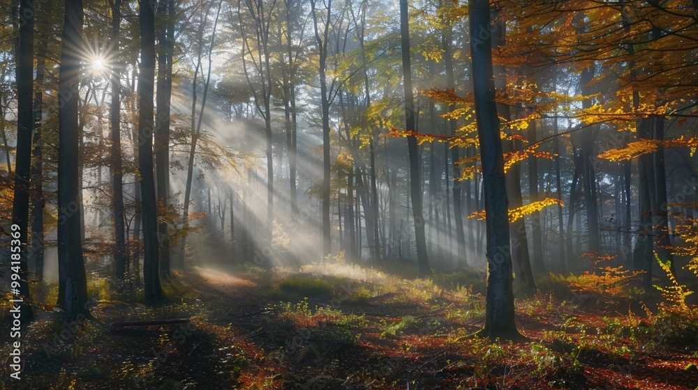 Obraz premium Autumn misty forest with light rays