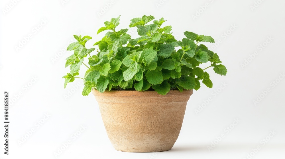Lemon Balm plant in a pot viewed from the front set against a white background Lemon Balm plant in a pot viewed from the front set against a white background