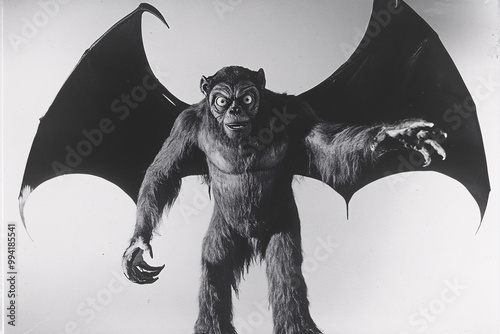 1940s-style black-and-white photograph of a winged sasquatch-like creature with bat wings and ape-like features. Perfect for retro horror and fantasy themes. photo