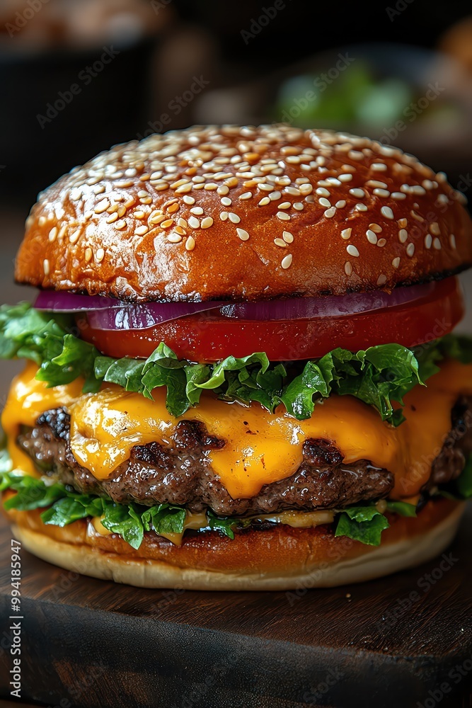 Double cheeseburgers with lettuce, tomatoes, and onions on sesame buns Double cheeseburgers with lettuce, tomatoes, and onions on sesame buns