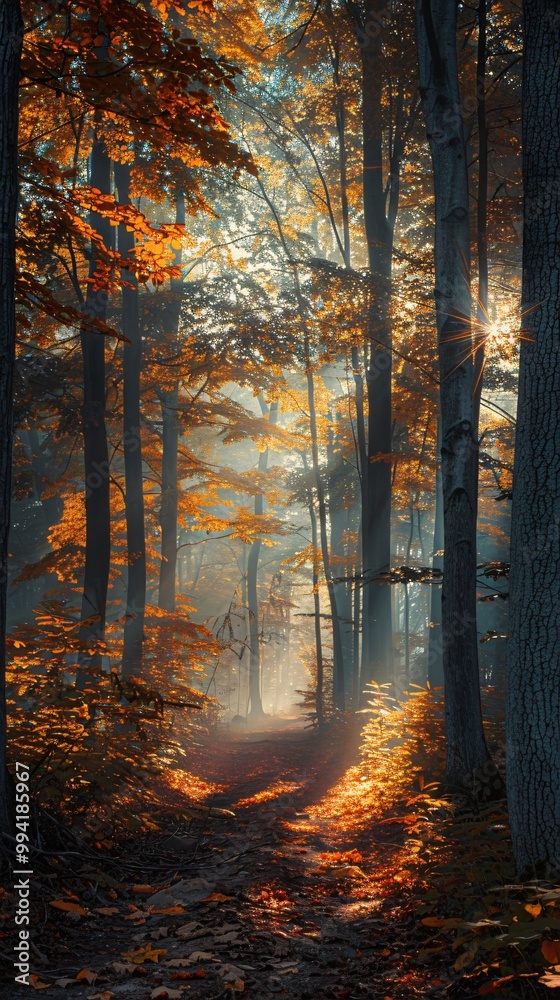 Obraz premium Autumn misty forest with light rays