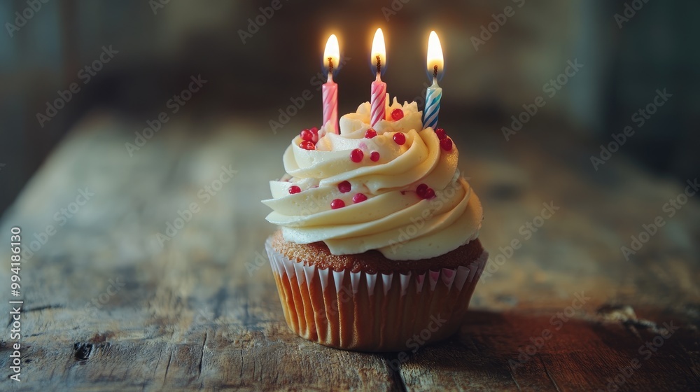 Cupcake adorned with lit candles on a rustic wooden surface Cupcake adorned with lit candles on a rustic wooden surface