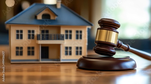 A wooden gavel rests next to a model house on a table representing the connection between real estate law property rights and legal processes