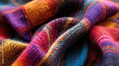 A close up view of vibrant plaid knit made from an array of yarns ideal for crafts like knitting and needlework