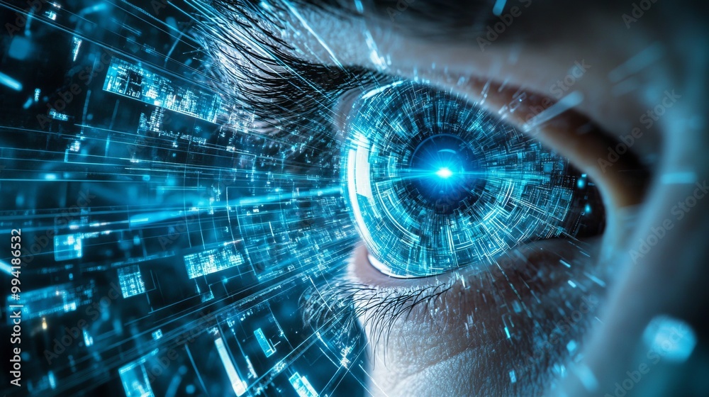 Close up of an eye with digital data overlay. Close up of an eye with digital data overlay.