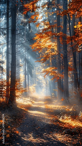 Autumn misty forest with light rays