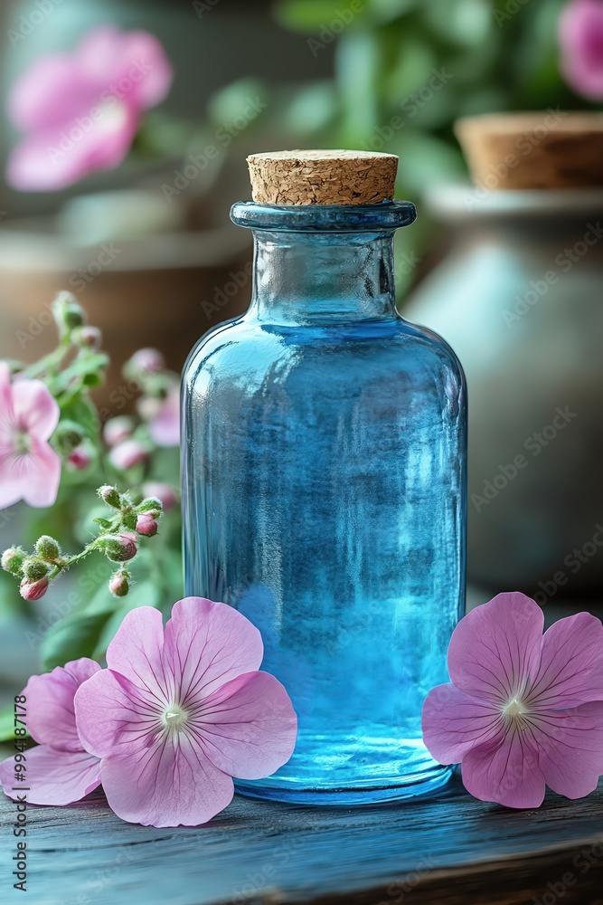 Glass bottle of blue oil placed next to soft pink flowers on a rustic wooden surface Glass bottle of blue oil placed next to soft pink flowers on a rustic wooden surface
