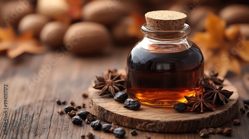 Glass bottle of black syrup surrounded by dried pods on rustic wooden table, suggesting natural ingredients