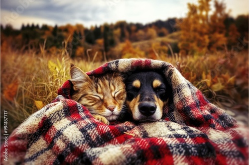 Cat and dog snuggled together under blanket in autumn field photo