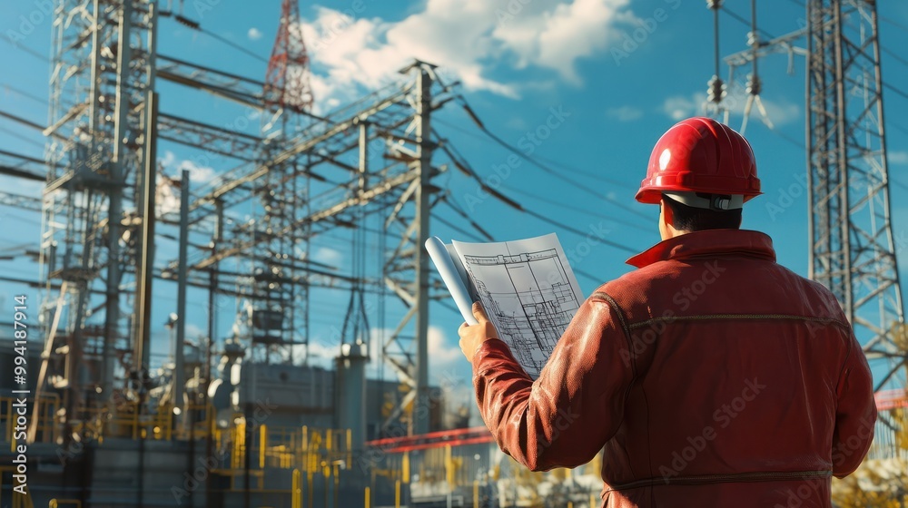 A red-hatted engineer holds blueprints at an electrical substation while holding a red hardhat. A red-hatted engineer holds blueprints at an electrical substation while holding a red hardhat.