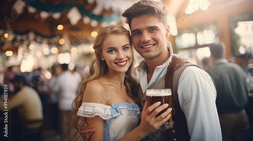 European young couple celebrating oktoberfest