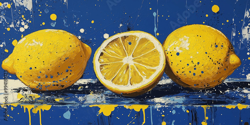 Pop art/ paint splash/ painting image of lemons with a blue background.