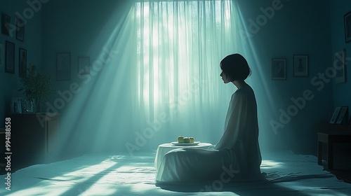 A serene figure sits in a sunlit room, contemplating a meal on a table.