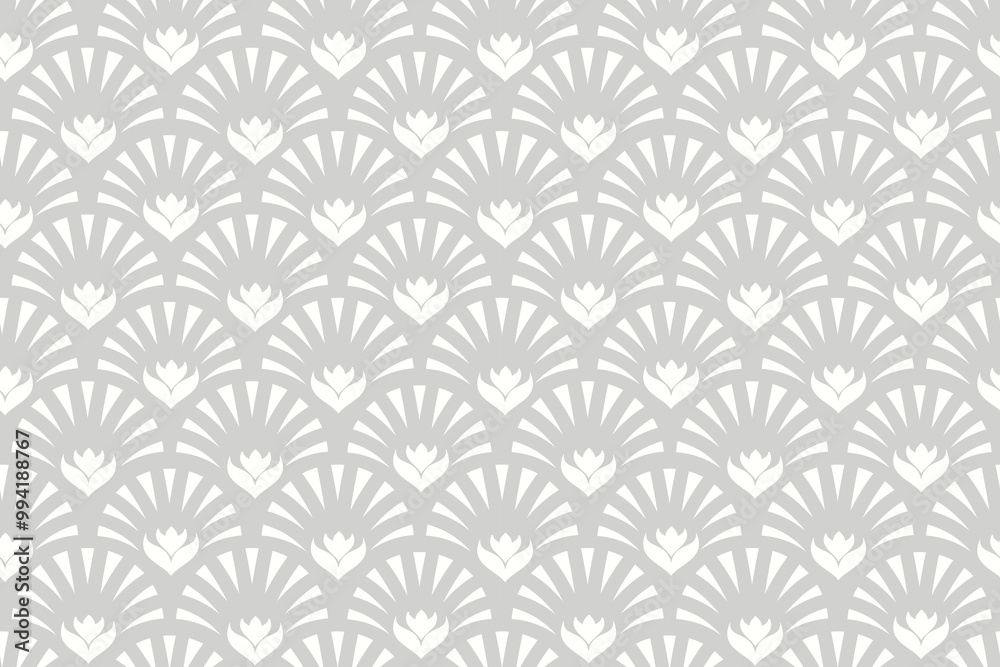 Seamless geometric floral pattern with scallops and lines in metallic gray and off white Seamless geometric floral pattern with scallops and lines in metallic gray and off white