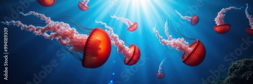 A mesmerizing underwater scene featuring a mesmerizing group of jellyfish gliding gently through sunlit waters, showcasing the beauty of ocean life.