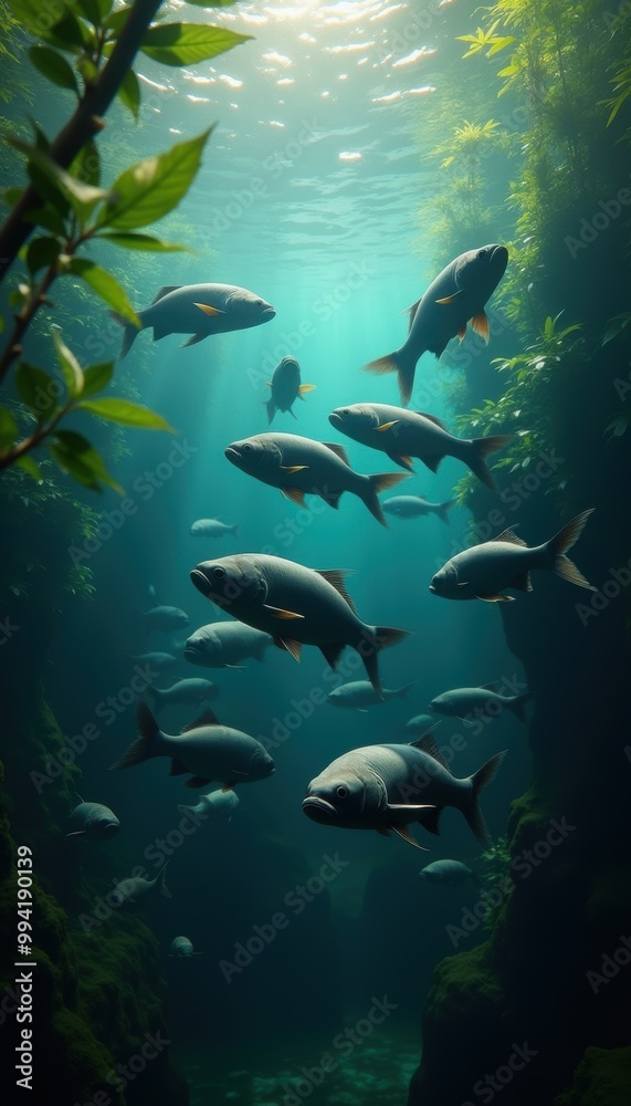 Fototapeta Explore the serene underwater world with a school of fish swimming gracefully amidst lush greenery and beams of light, perfect for ocean-themed projects.