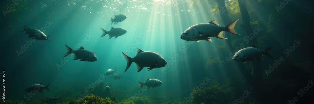 Fototapeta premium A serene underwater scene featuring a school of fish illuminated by rays of light, capturing the beauty and mystery of marine life.