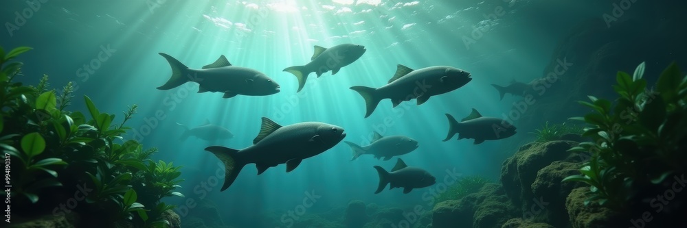 Underwater scene featuring a school of fish swimming gracefully through clear waters, illuminated by sunlight, showcasing the beauty of marine life. Underwater scene featuring a school of fish swimming gracefully through clear waters, illuminated by sunlight, showcasing the beauty of marine life.