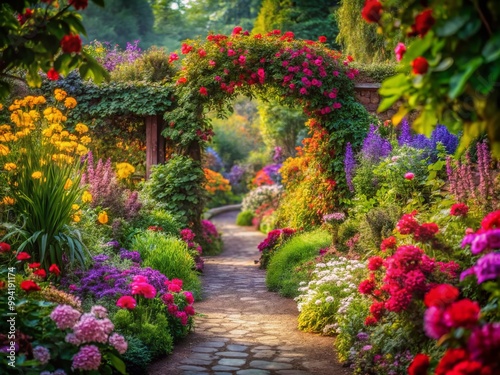 Enchanting Secret Garden with Lush Foliage, Vibrant Flowers, and Hidden Pathways to Explore